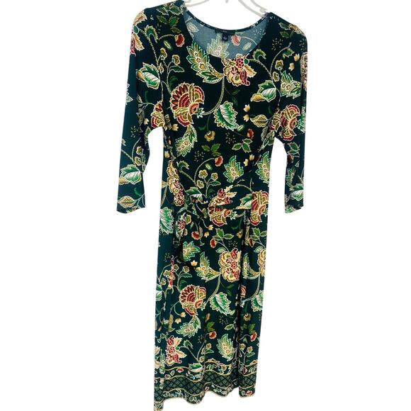 NWT R&K Floral Midi Dress Tie Belt Women’s Sz Large 3/4 Sleeve Green - Picture 3 of 10